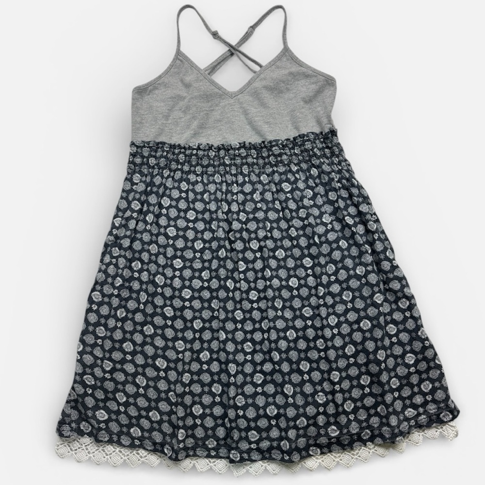 Sleeveless Spaghetti-Strap Mixed Fabric Dress - Gray Top with Navy Floral Skirt